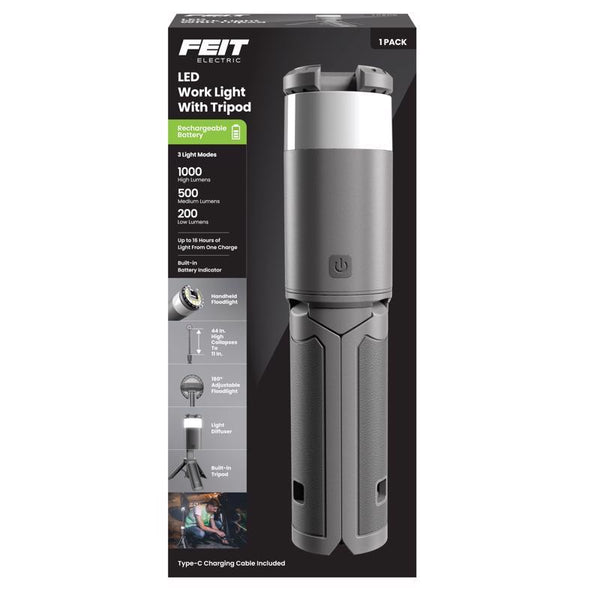 Feit Electric Portable LED Work Light with Tripod Stand, 1000 Lumens, Rechargeable Battery, USB Type-C Charging, Adjustable Spotlight Head, Collapsible to Handheld Lantern, WORK1000/TRIPOD/BAT