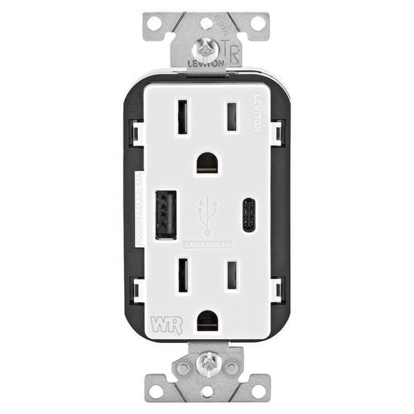 Leviton Weather-Resistant USB Receptacles with Type A and Type-C ports, 15A, White W5633-0BW
