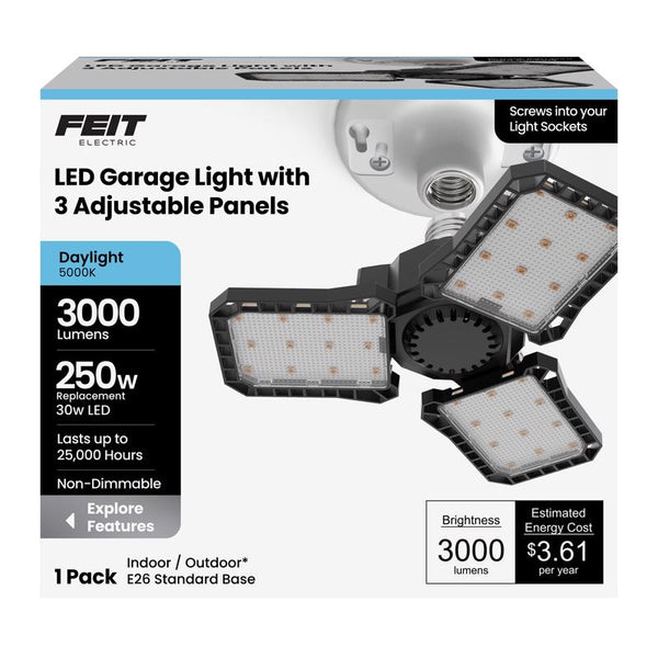 Feit Electric 3-Panel LED Garage Light, 250W Equiv, 3000 Lumens, 5000K Daylight, Adjustable Panels, E26 Base, 30W, Ideal for Garage, Workshop, Shed, 25,000-Hour Lifetime, ADJ3000/5K/LED