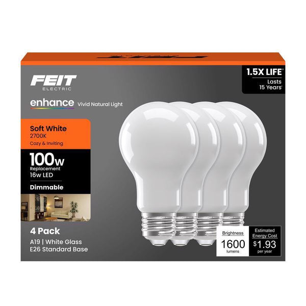 Dimmable Soft White LED Bulbs (4-Pack) - 16W (100W Equivalent) A19 by Feit Electric A100/927FIL/4GB