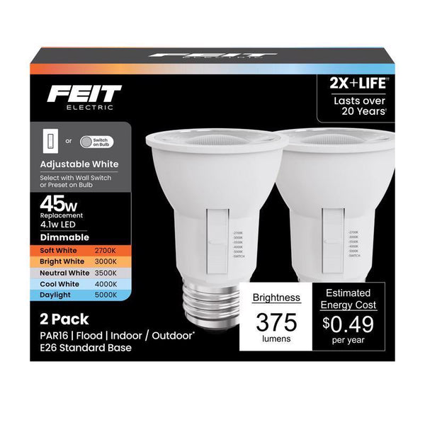Adjustable White PAR16 LED (2-Pack) - 4.1W (45W Equivalent) E26 Base Dimmable Reflector by Feit Electric PAR1645DM6WYCA2