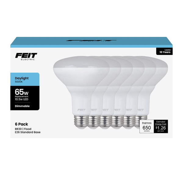 Feit Electric BR30DM/850/10KLED/6 LED Bulb, Flood/Spotlight, BR30 Lamp, 50 W Equivalent, E26 Lamp Base, Dimmable BR30DM/850/10K6