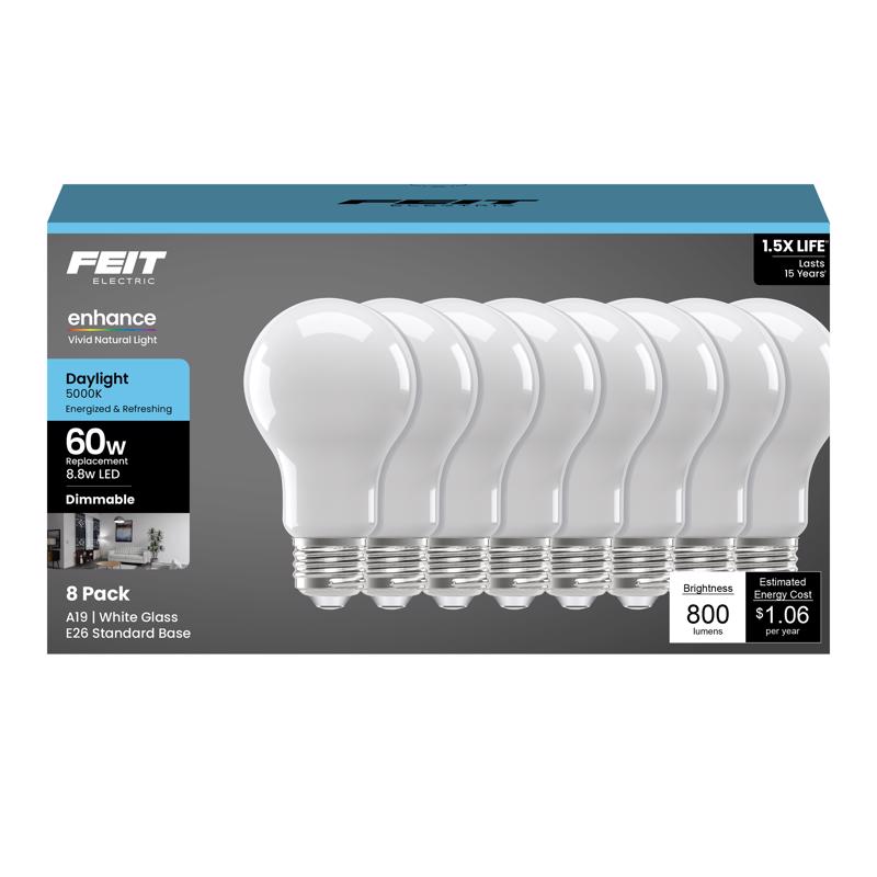 Feit Electric A19 LED Light Bulb, 60W Equivalent, 5000K Daylight, 800 Lumens, Dimmable, 90+ CRI, E26 Standard Base, General Purpose Light Bulbs, 17,000-Hour Lifetime, A1960/950CA/FIL/8/GB, 8 Pack