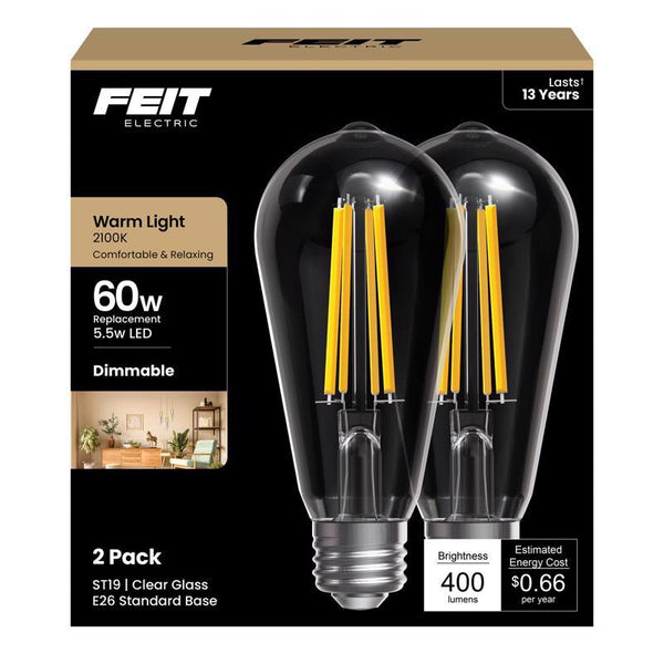 Vintage Edison LED Bulb, 5.5W (60W Replacement), Dimmable, Warm Light, 2-Pack by Feit Electric ST19/CL/VG/LED2