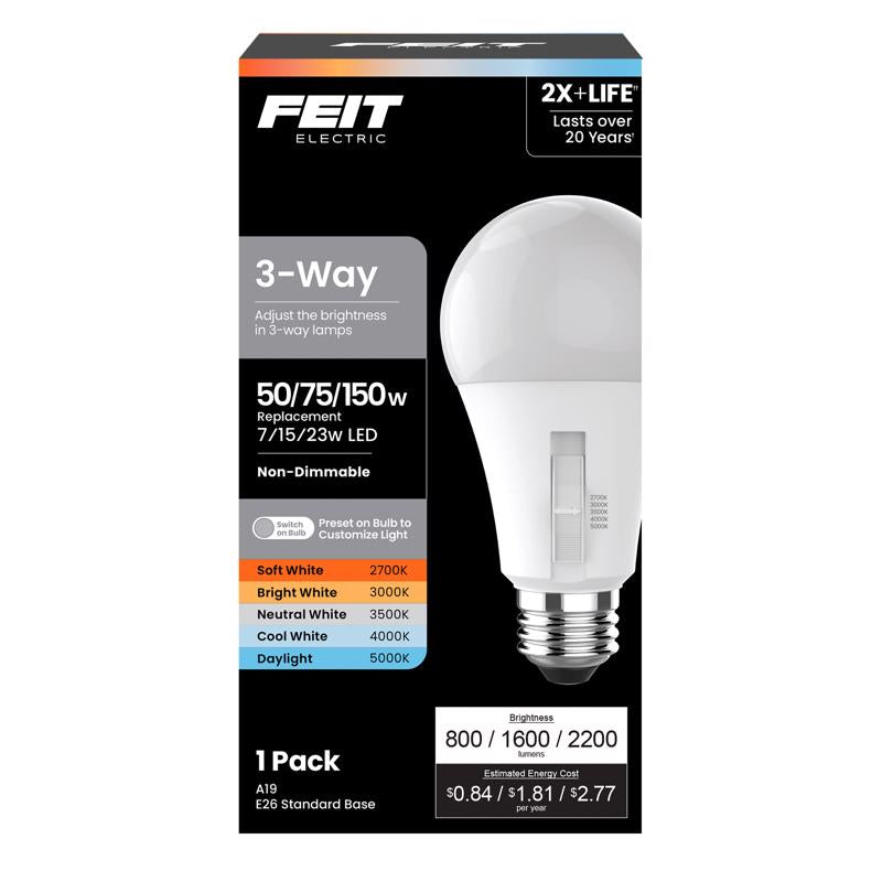 Adjustable White LED Bulb (7/15/23W) - E26 Base, A19, Non-Dimmable, 3-Way Switch - Feit Electric