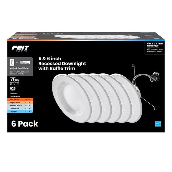 Feit Electric LED Downlight Retrofit Kit with Baffle Trim, 75W Equivalent, 5/6-Inch Dimmable Recessed Can Light, Adjustable White 2700K-5000K, 90+ CRI, 50,000-Hour Lifetime, LEDR56B/6WYCA/MP/6 LEDR56B6WY/MP/6