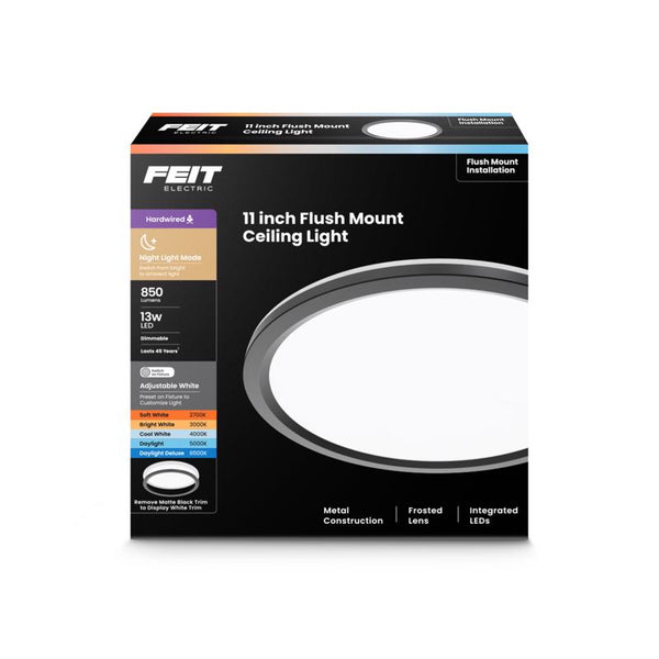 Feit Electric 11" Round LED Flat Panel Light, Adjustable White 5 Color Temperatures, Night Light Mode, Dimmable, Slim Profile with Interchangeable Magnetic Frames, FP11RT/5CCT/NL/WH