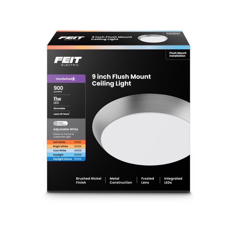 Feit Electric 9" Adjustable White LED Ceiling Light, Dimmable Flush Mount Fixture, Brushed Nickel Finish, Selectable Color Temperature, 900 Lumens, 50,000-Hour Lifespan, FM9/5CCT/NK