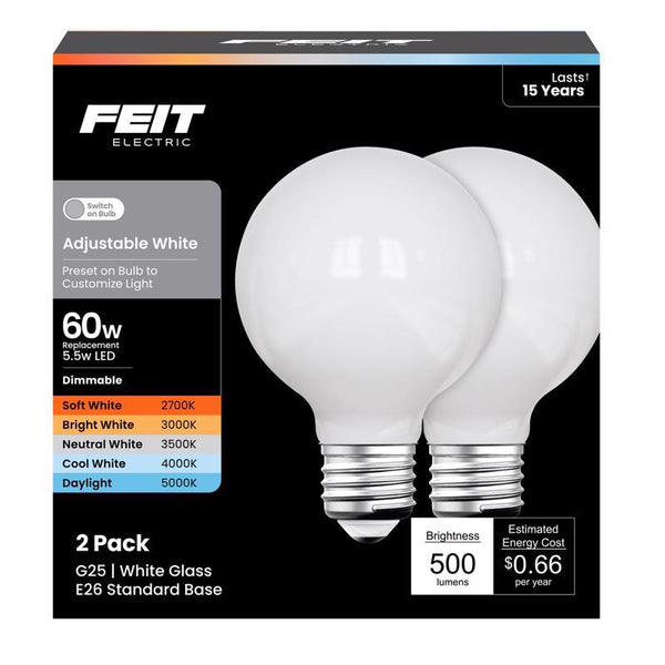 Feit Electric Enhance LED G25 Glass Filament Globe Bulb, 5CCT Adjustable White (Soft to Daylight), Dimmable, 90+ CRI, 60W Equivalent, Decorative Light for Vanity & Pendant, G2560W/5CCTCAFIL/2, 2 Pack G2560W5CCTFIL/2