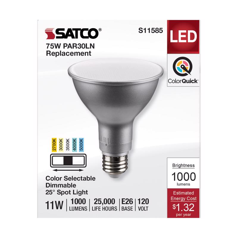 Satco S11585 11 Watt PAR30LN LED Bulb; Medium Base; Silver Finish; CCT Selectable; 120 Volt; 25 Degree Beam Angle
