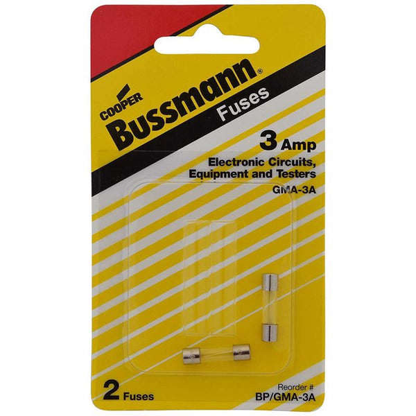Bussmann BP/GMA-3A 3 Amp Glass Fast Acting Cartridge Fuse, 125V Carded UL Listed, 2-Pack