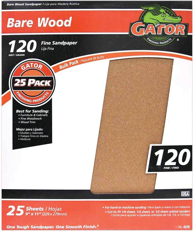 Gator 9" x 11" Bare Wood Sanding Sheets, 120 Grit, 25 Pack