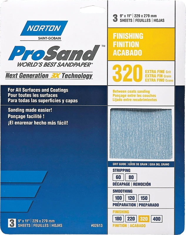 Norton 02613 3X Handy Aluminum-Oxide Sandpaper 320 Grit, 9-Inch x 11-Inch, 3-Pack