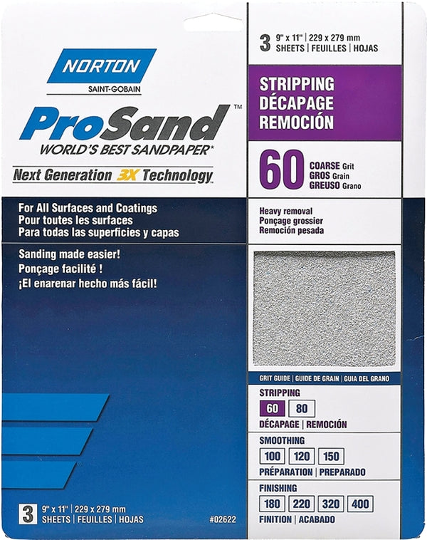 Norton 02622 9-Inch X 11-Inch 60 Grit 3X High Performance Sheets, 3 Sheets