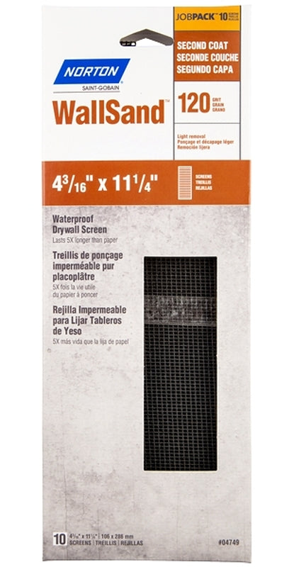 Norton 21765 WallSand 4749 Sandscreen, 11-1/4 in L, 4-3/16 in W, 120 Grit, Fine, Silicon Carbide Abrasive - Pack of 10