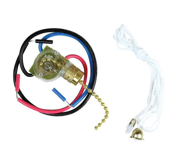 Jandorf 60305 Fan Light Pull Chain Switch 3-Way 3 Wire Terminals Brass Chain