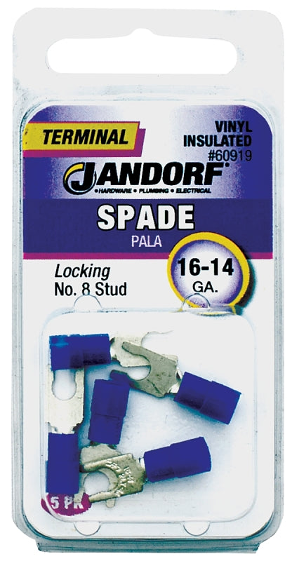 JANDORF SPECIALTY HARDWARE 60919 Locking Spade Terminal, 16-14 Awg, 600 V, Insulated, Tin Plated Copper, Blue