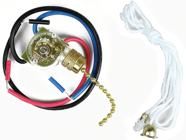 Jandorf 60305 Fan Light Pull Chain Switch 3-Way 3 Wire Terminals Brass Chain