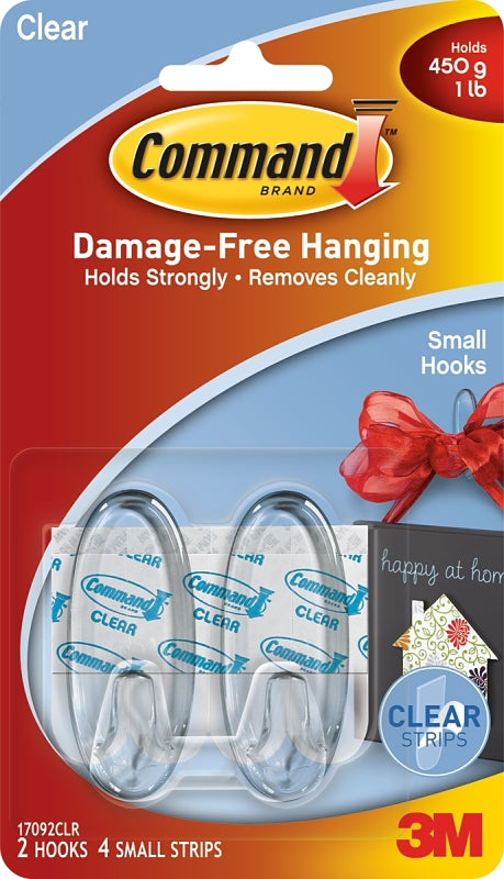 Command Small Wall Hooks, Damage Free Hanging Wall Hooks with Adhesive Strips, No Tools Wall Hooks for Hanging Decorations in Living Spaces, 2 Clear Wall Hooks and 4 Command Strips