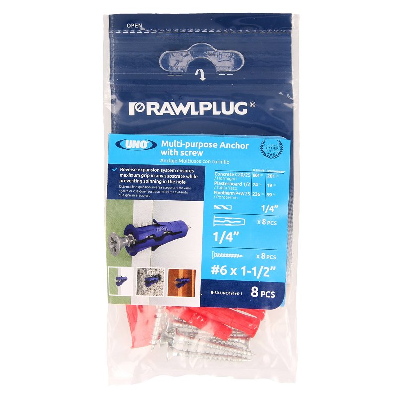 Rawlplug UNO 1/4 Inch Universal Multi-Purpose Wall Anchors with Screws (6 x 1-1/2 in.), Bag of 8, Nylon Plugs for Concrete, Brick, Block, Drywall and Hollow Walls