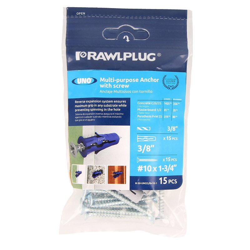 Rawlplug UNO 3/8 Inch Universal Multi-Purpose Wall Anchors with Screws (10 x 1-3/4 in.), Nylon Plugs for Concrete, Brick, Block, Drywall, Plasterboard, Solid and Hollow Walls