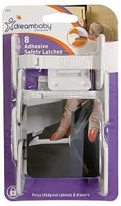 Dreambaby Adhesive Safety Latches for Drawers & Cabinets, White, 8 Count