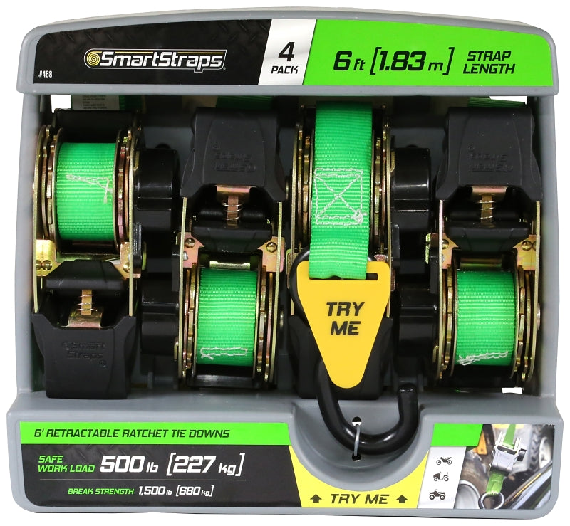 SMARTSTRAPS Retractable Ratchet Tie Down Straps (4 PK) 1,500lb Break Strength, 500lb Safe Work Load, Standard Duty, Secure and Haul ATVs, Lawn Tractors, Cargo, Boxes and Other Small Equipment