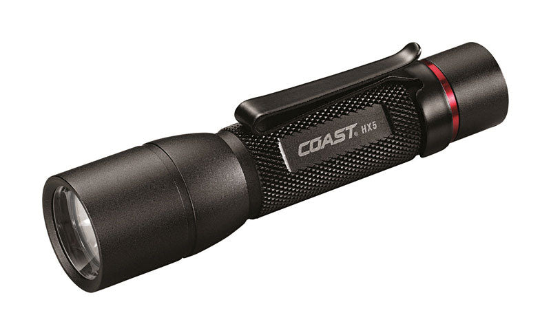 COAST HX5 410 Lumen LED Flashlight, Pure Beam Focusing, Slide Focus, Pocket Clip, Weatherproof, Pocket Sized, Battery Included, Black.