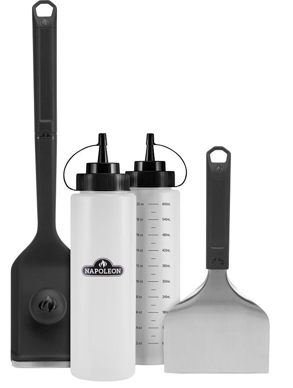 Napoleon® BBQ Accessory - GATL013 - Griddle 4-Piece Cleaning Kit, Includes One Scraper, One Scouring Brush, Two Squeeze Bottles, Slip Resistant Grip, Loop for Hanging, Bottles Hold 600 ML (20 oz) Each