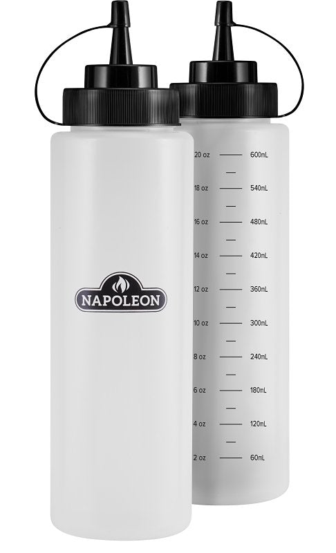 Napoleon® BBQ Accessory - GACP004-2-Piece, 20 oz., 600 ml, Squeeze Bottle, Black Lid, Opaque Body, Side Measurements, Napoleon Logo