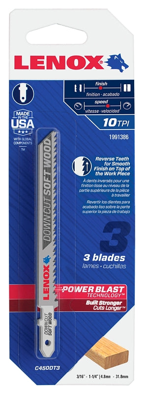 LENOX TOOLS 1991386 T-Shank Down Cutting Wood Jig Saw Blade, 4" x 5/16" 10 TPI, 3 Pack