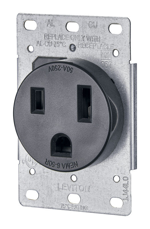 Leviton 5374-S00 50 Amp, 250 Volt, Flush Mounting Receptacle, Straight Blade, Industrial Grade, Grounding, Black, 1-Pack R10-05374-000