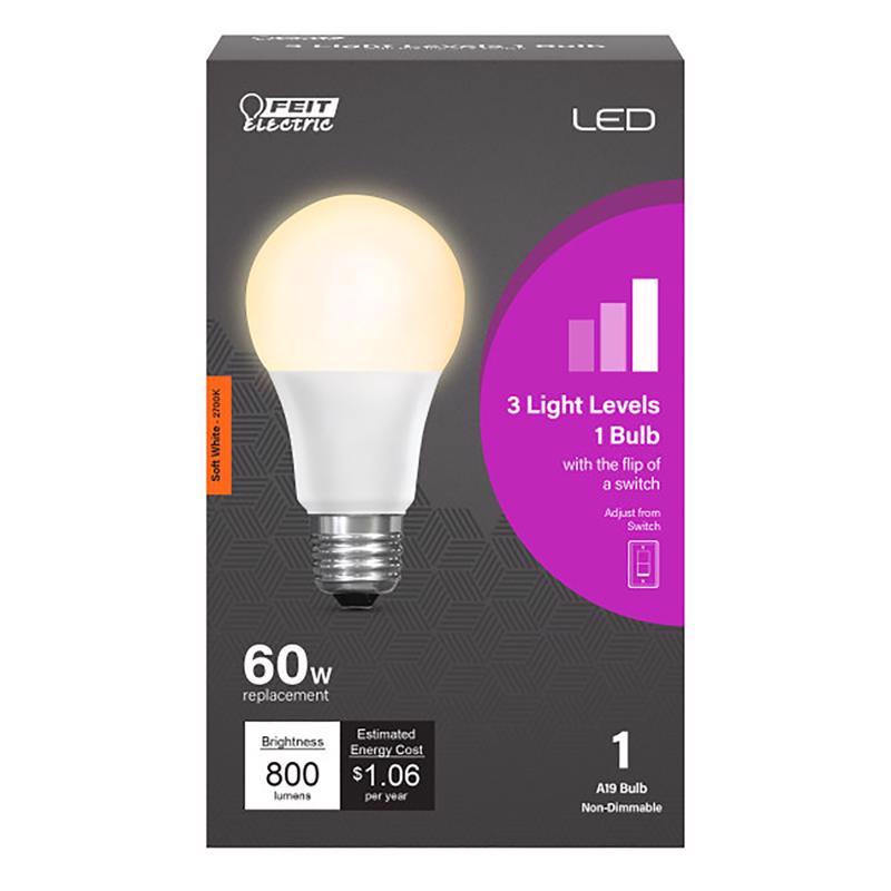 Feit Electric OM60/3DIMCA/LEDI 3 Switch Dimming Levels, No Dimmer is Required A19 LED Light Bulb, 2700K Soft White