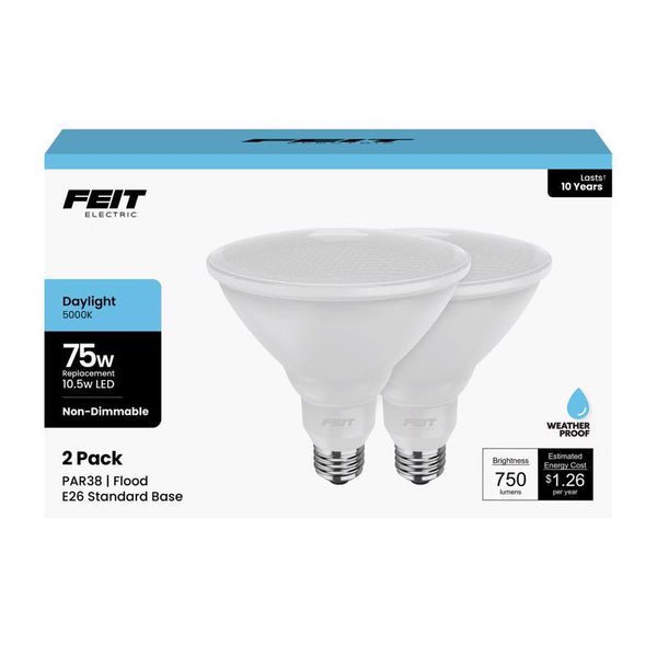 Feit Electric PAR38 LED Bulbs, 75W Equivalent, Non Dimmable, LED Flood Light Bulbs, 10 Year Life, 750 Lumens, 5000k Daylight, E26 Base, Damp Rated, 2 Pack, PAR3875/850/10KLED/2 PAR387585010KL2