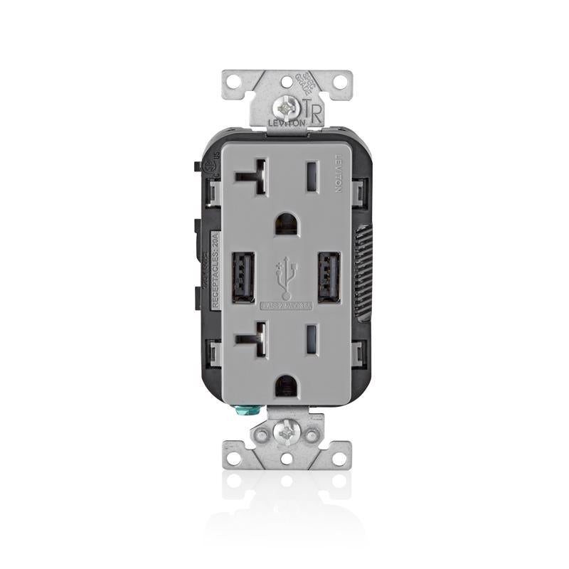 Leviton T5832-G Type-A USB in-Wall Charger with 20A Tamper-Resistant Outlet, USB Charger for Smartphones, Gray