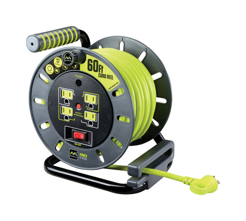 Masterplug 60ft Cord Reel, Retractable Extension Lead with Winding Handle, Safety Overload Circuit Breaker and Power Switch, 4X Grounded Outlets, 13amps, 14AWG Cable