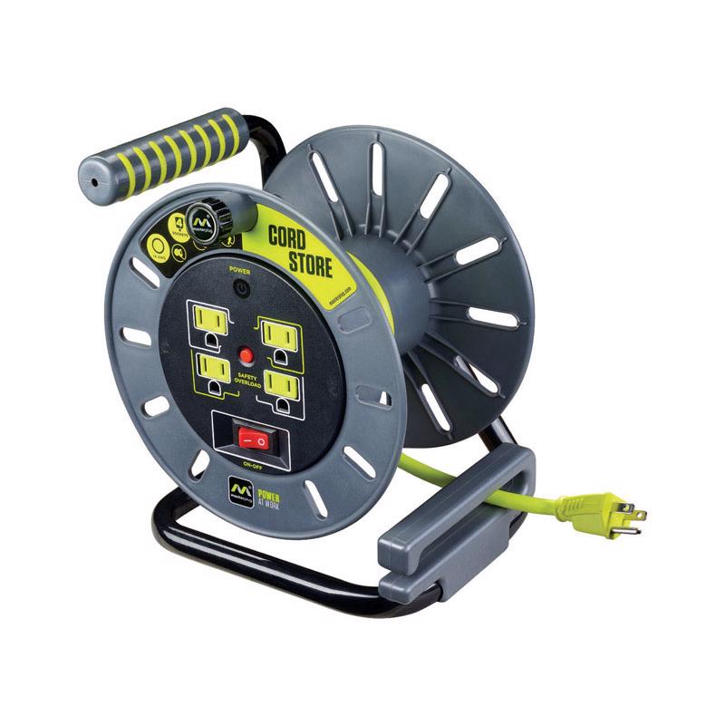Masterplug 3ft Cord Reel, Retractable Extension Lead with Winding Handle, Safety Overload Circuit Breaker and Power Switch, 4x Grounded Outlets, 13amps, 14AWG Cable