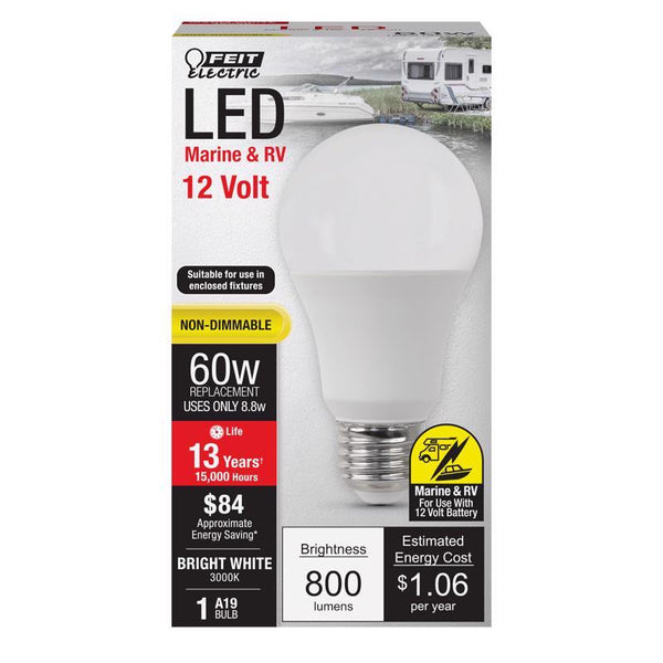 Feit Electric A19 LED Light Bulb, 60W Equivalent, E26 Base, 3000K Bright White, 800 Lumens, Low Voltage Light Bulbs for Marine/RV Sockets, 15,000-Hour Lifetime, OM60/930CA/LED-12/BX OM60930LED12BX