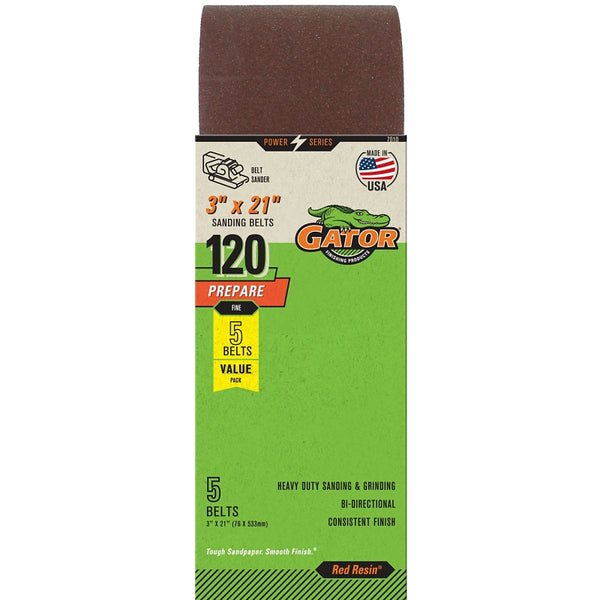 Gator 3" x 21" Red Resin Aluminum Oxide Sanding Belts, 120 Grit, 5 Pack 7010