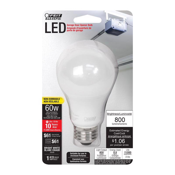 Feit Electric 60-Watt Equivalent A19 Non-Dimmable CEC Title20 90 CRI Garage Door Opener E26 Medium LED Light Bulb, Bright White 3000K OM60930CA10KLEDGARBX OM6093010KGARBX