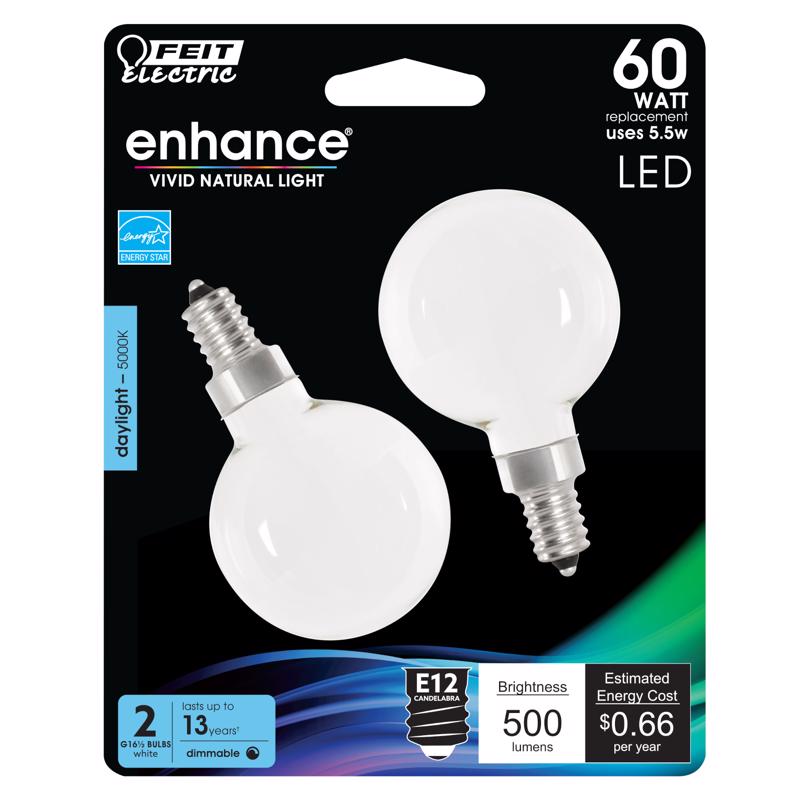 Feit Electric 60W G16.5 E12 5000K Dimmable Led Bulb 2Pk