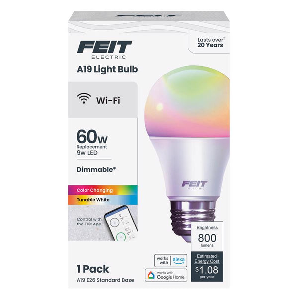 Feit Electric OM60/RGBW/CA/AG Smart WiFi Color Changing and Dimmable, Alexa or Google Assistant, No Hub Required A19 LED Light Bulb, 60W