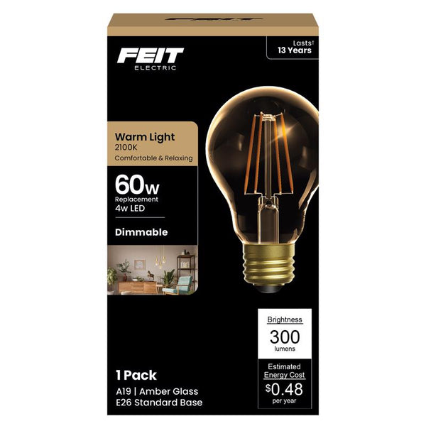 Feit Electric Vintage Exposed Filament Smoke Glass LED AT19 with a Medium E26 Base Light Bulb - 60W Equivalent - 10 Year Life - 300 Lumen - 5000K Daylight - Dimmable | Original Vintage AT19/VG/LED