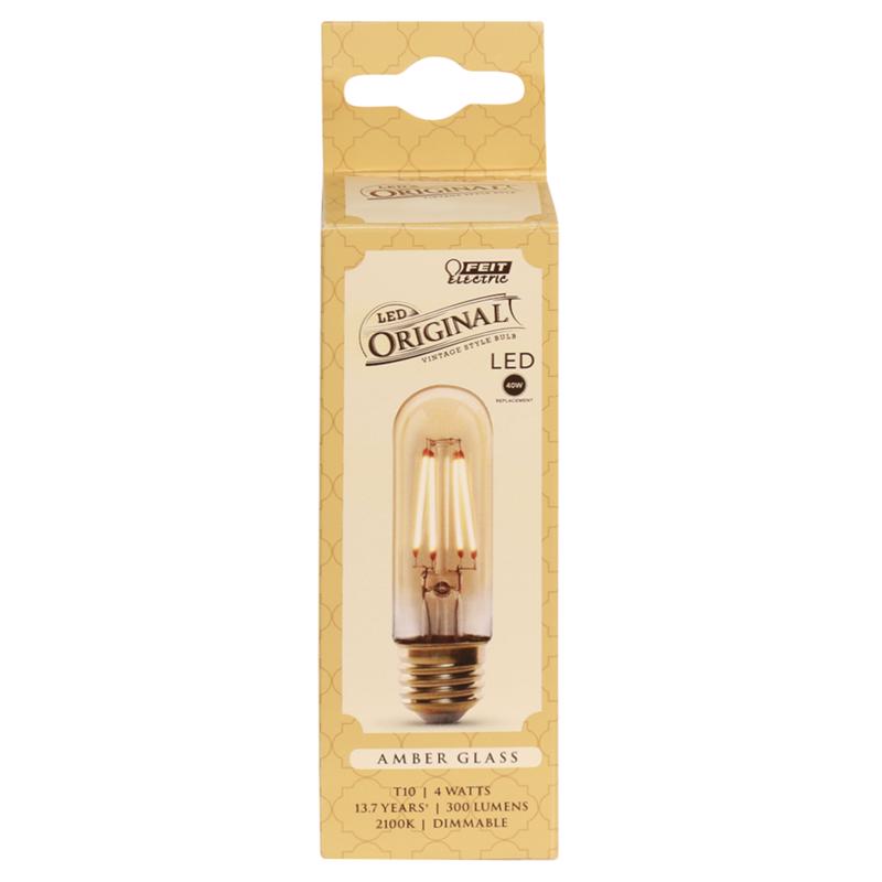 Feit Electric T10/VG/LED “Original” Vintage Edison Exposed Filament Amber Glass T10 Shape LED Light Bulb, 4" H x 1.5" D, 2100K