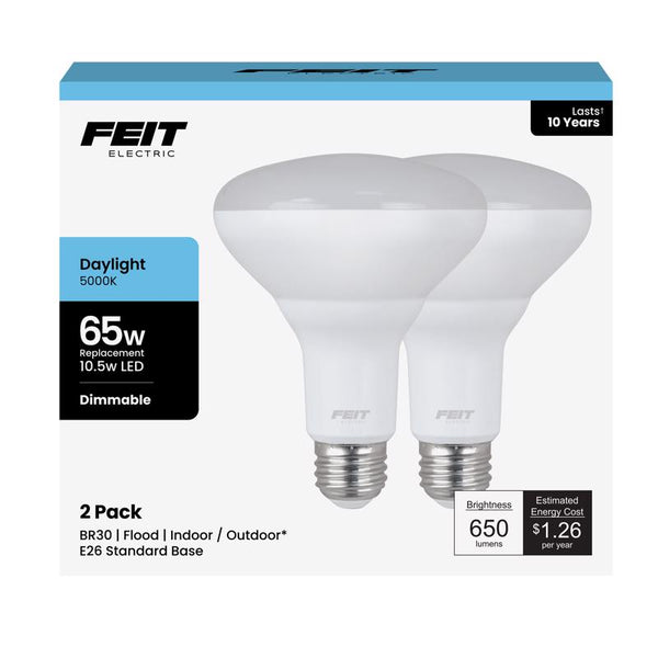 Feit Electric LED BR30 Light Bulbs, 65W Equivalent, Dimmable, 10 Year Life, 650 Lumens, 5000k Daylight, E26 Base Recessed Can Light Bulbs, Flood Light Bulbs, Damp Rated, 2 Pack, BR30DM/850/10KLED/2 BR30D85010KLED2