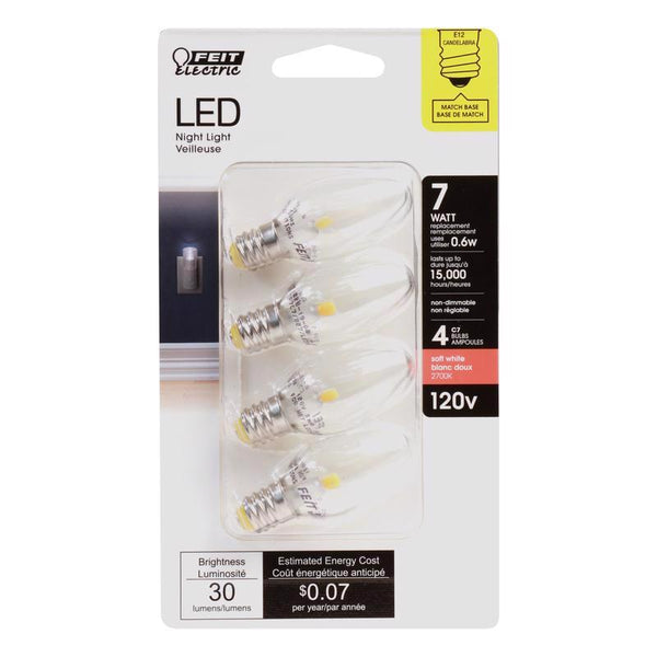 Feit Electric 3935160 7 watt Equivalence 0.5 watt 30 Lumen C7 Nightlight LED Bulb, Warm White - Pack of 4 BP7C7/827/LED/4