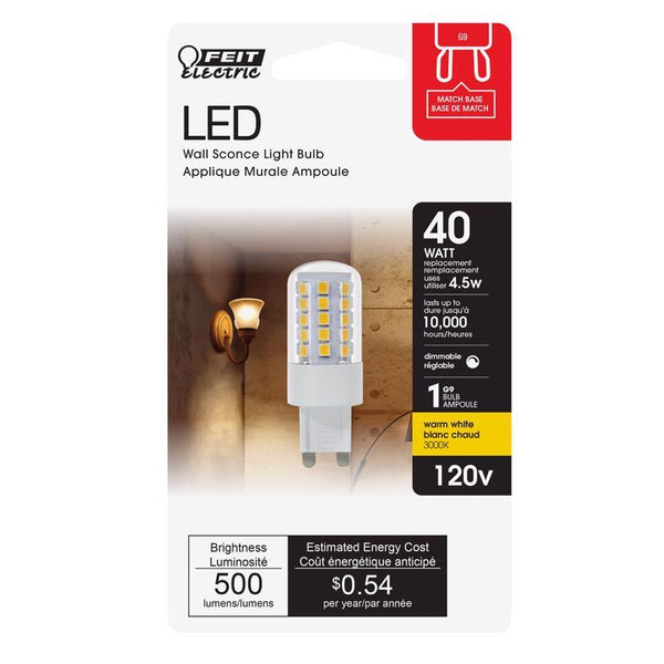 Feit Electric BPG940/830/LED Dimmable 40W Halogen Replacement, Bi Pin G9 4.5W LED Light Bulb, 0.78" D x 2.15" L, Warm White 3000K