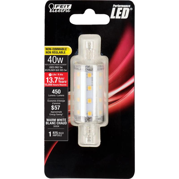 FEIT Electric BPJ78/LED Non-Dimmable Led Bulb, 5 W, 120 V, 450 Lumens, 3000K, 80, 7/8 in Dia X 3-1/4 in L, 3.25" H x 0.875" D, Warm White