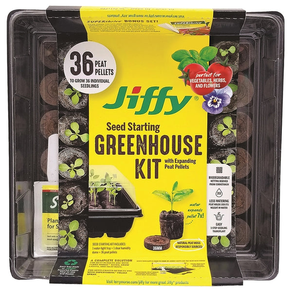 Ferry Morse Jiffy 36mm Seed Starting Greenhouse Kit with 36 Plant-based Expanding Peat Pellets + Bonus SUPERthrive & Plant Labels J336GS