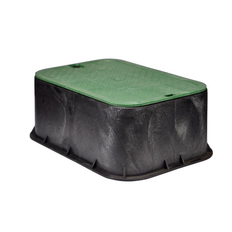 14 in. X 19 in. Rectangular Valve Box Extension and Cover, 6-3/4 in. Height, Irrigation Control Valve Lettering, Black Extension, Overlapping Green Cover, Black/Green